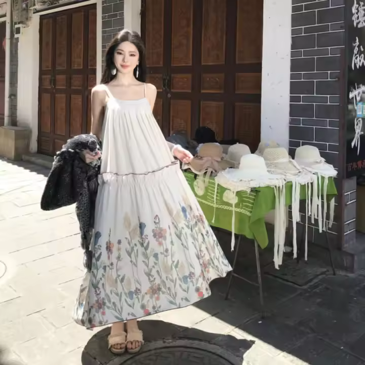 Vestido de tirantes floral retro francés de verano, femenino, Mori, diseño de viento suave, falda larga - 1
