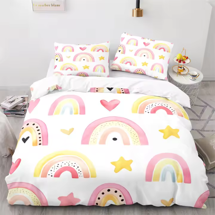 Juego de funda nórdica de arcoíris, funda de edredón de poliéster Kawaii con diseño de nubes blancas y arcoíris colorido, tamaño King y Queen para niñas - 1