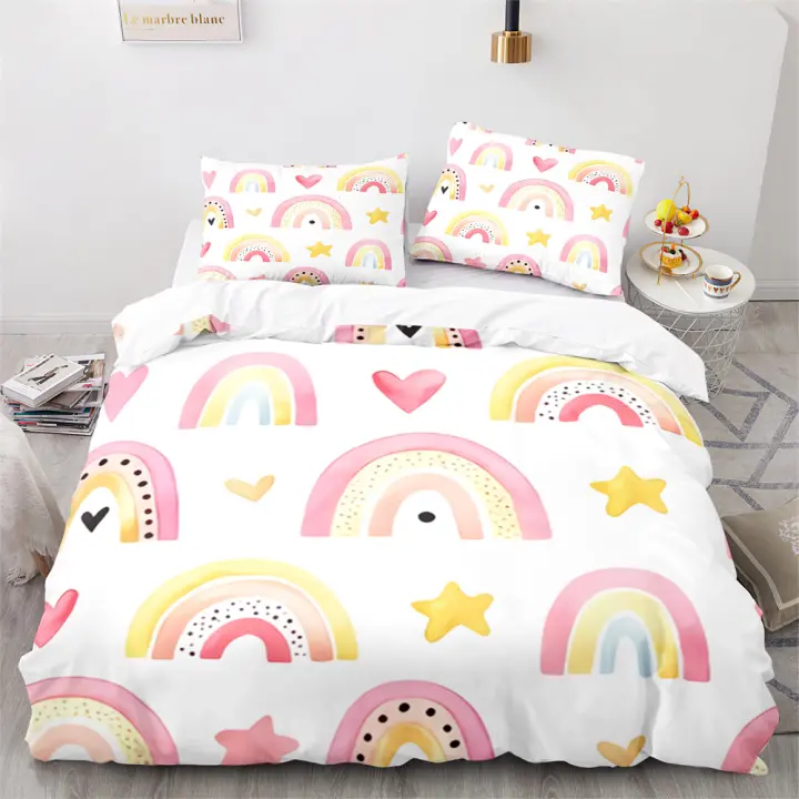Juego de funda nórdica de arcoíris, funda de edredón de poliéster Kawaii con diseño de nubes blancas y arcoíris colorido, tamaño King y Queen para niñas - 1