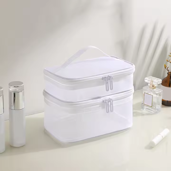 Bolsa de maquillaje de malla grande, doble capa transparente con cierre de cremallera para viajes y almacenamiento de cosméticos - 1
