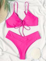 Nuevo conjunto de bikini de alta elasticidad verano 2025, sexy de dos piezas con cordones de color sólido para mujer, traje de baño de playa - details 35