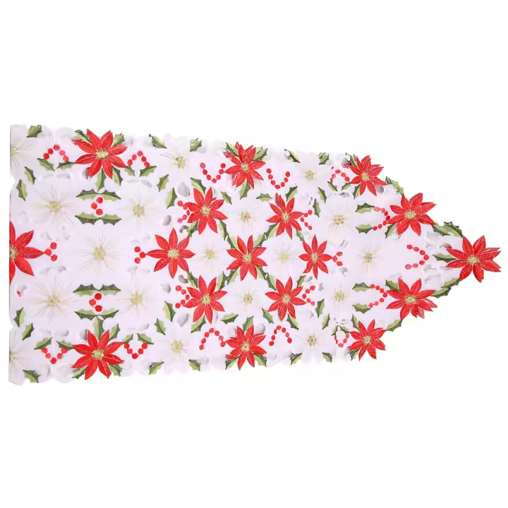Camino de mesa bordado navideño, acebo de lujo, Poinsettia, decoraciones navideñas, 15x70 pulgadas - 1