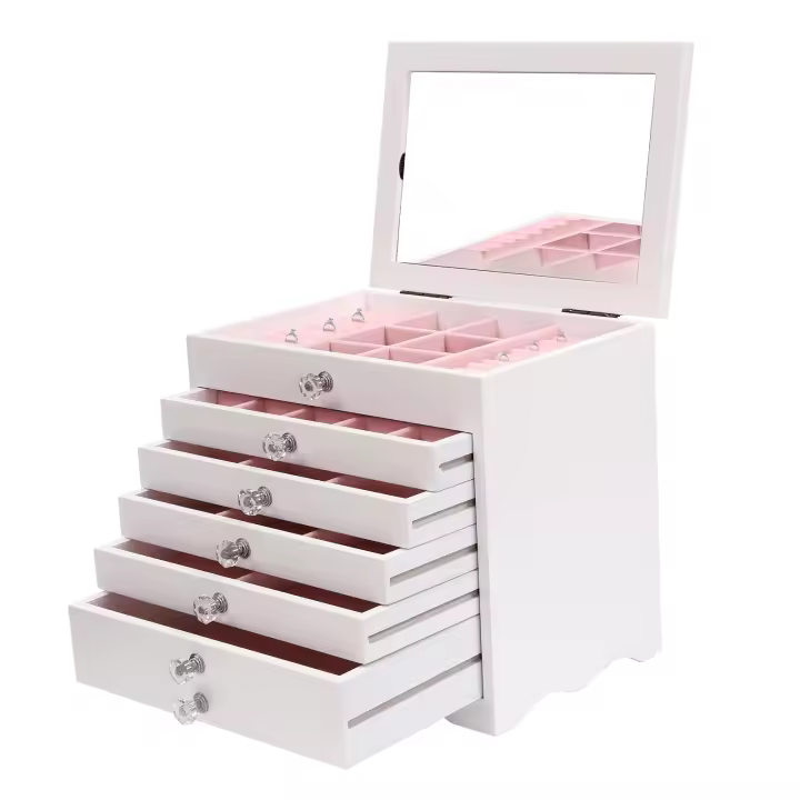 Joyero grande de 7 niveles con tapa de cristal, 5 cajones, color blanco, caja de joyería para pendientes, collares, relojes - 1