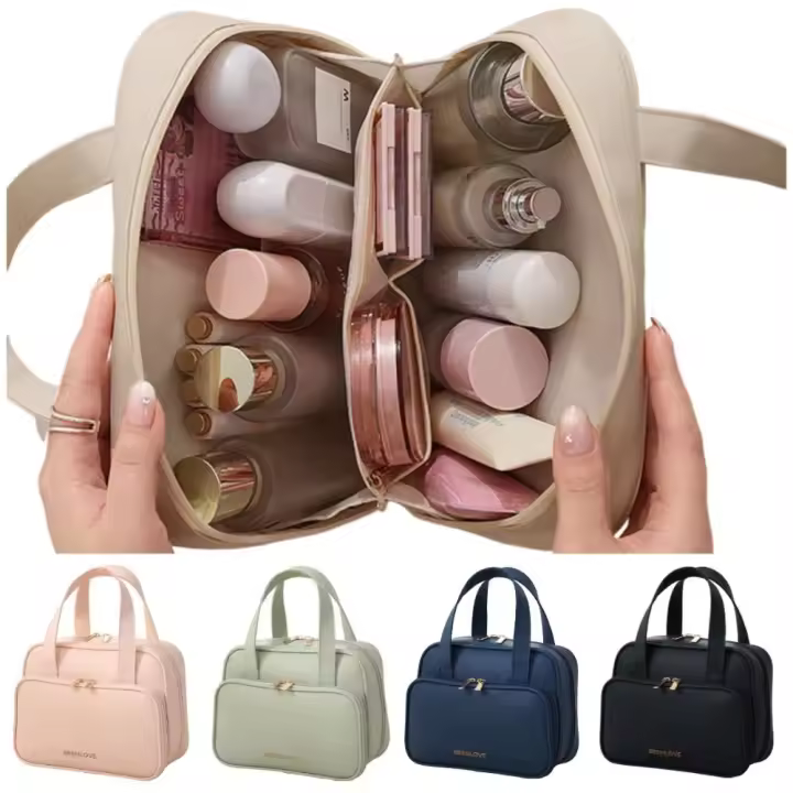 Bolsas de almacenamiento de cosméticos de gran capacidad, bolso de maquillaje de viaje impermeable a prueba de polvo, portátil con asa, bolsa de almacenamiento de artículos de tocador - 1