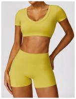 Conjunto de mallas de yoga, top, conjunto deportivo Fiess de manga corta, material de nailon para mujer, patrón sólido adaptable para primavera/verano - details 11