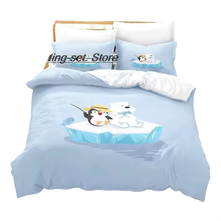 Juego de Ropa de Cama Kawaii de Osito Polar Pingüino Conjunto de Cama de 3 Piezas para Adultos y Niños Sábana, Funda de Edredón, Cubierta de Cama - 1