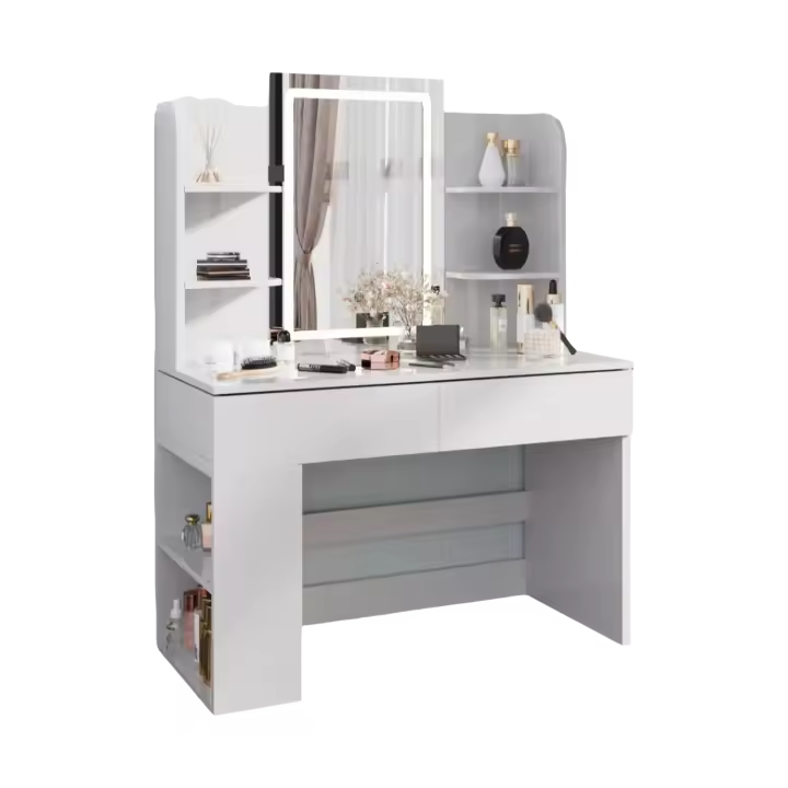 Tocador de Maquillaje con Espejo y Luz LED Regulable, Tocador de Maquillaje con 2 Cajones y 4 Estantes, Estante Inferior, Escritorio Moderno para Dormitorio, 90 x 40 cm, Blanco - 1