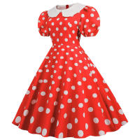Vestido midi elegante de fiesta con cuello Peter Pan, lunares y mangas cortas abullonadas para mujer, ideal para el verano. - details 44