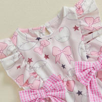 Pudcoco bebé niña mameluco verano sin mangas cuello redondo béisbol estampado Bowknot mono recién nacido mono - details 1