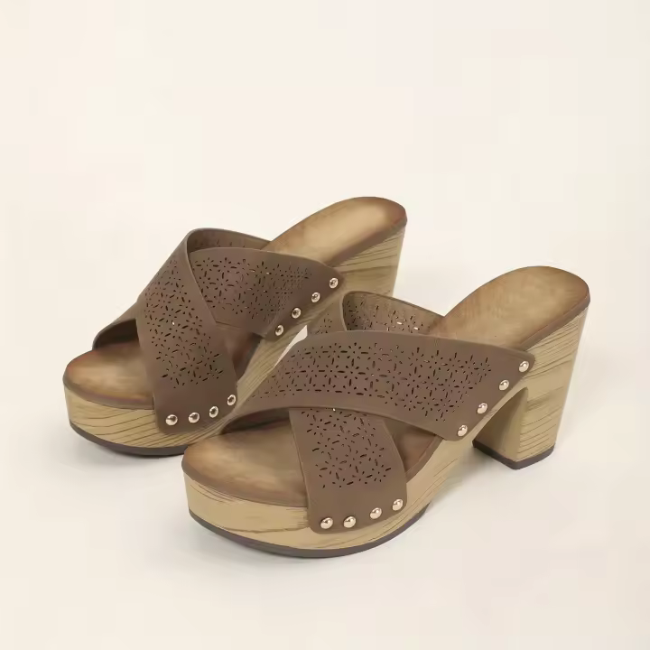 Sandalias de Correa Cruzada Punta Abierta de Cuero Falsio Casual Tacón Grueso de Plataforma de Moda para Mujeres - 1