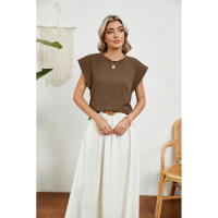 BUNO-2025 Tops para mujer, pantalón corto informal de moda de verano, camisetas básicas con textura a rayas de Color sólido y cuello redondo - details 23