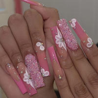24pcs Uñas Postizas Largas Cuadradas En Rosa Francés Con Diamantes Desmontables Con Almohadilla Y Pegamento De Gel Para Fiesta - details 0