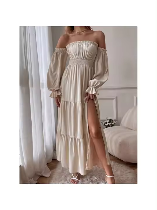 Vestido de manga larga 2025 con abertura alta y ribete de volantes con diseño de hombros descubiertos - 1