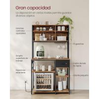 Estantería de Cocina con Multienchufe, Armario de Cocina con Estantes Ajustables, Cajón de Tela, 12 Ganchos, 40 x 100 x 180,4 cm, Estante de Microondas, Marrón Rústico y Negro - details 4