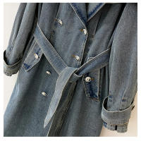 Abrigo de mezclilla largo para mujeres, trench de otoño e invierno, de manga larga, con cuello tipo chal, doble botonadura, con - details 8
