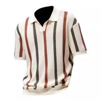 Suéter de punto de manga corta para hombre, camiseta de negocios ajustada con contraste de Color a rayas huecas - details 4