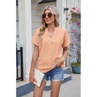 BUNO-2025 Blusas informales para mujer, camisas holgadas de manga corta con cuello de pico de Jacquard bordado a la moda, Tops elegantes de colores sólidos para verano - details 16