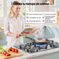 Placa de gas WEHIMO de 5 quemadores, 77 cm, empotrada en cristal, grosor 8 mm, color negro, con protección automática contra llamas, para gas natural o GLP, 10 500 W, 127-240 V - details 0