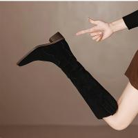 Botas Largas para Mujer de Moda con Tacón Grueso Diseño V-Cut Color Sólido Estilo Vaquero Botas Altas Hasta La Rodilla Holgadas - details 4