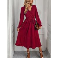 Vestido elegante de color sólido con cuello en V para mujer de manga larga - details 12