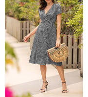 Vestido de playa de fiesta de línea A elegante dividido con cuello en V de manga corta bohemio con estampado floral de verano para mujer - details 19