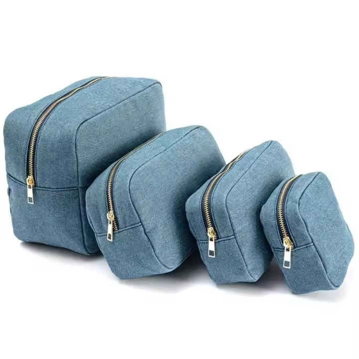 Bolsa de cosméticos de tela vaquera azul de 4 tamaños con cremallera, bolsa de almacenamiento de viaje Vintage, organizador de papelería, bolsa de maquillaje de Color sólido para mujer - 1