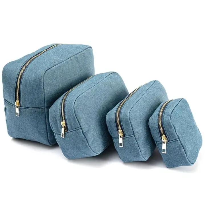 Bolsa de cosméticos de tela vaquera azul de 4 tamaños con cremallera, bolsa de almacenamiento de viaje Vintage, organizador de papelería, bolsa de maquillaje de Color sólido para mujer - 1