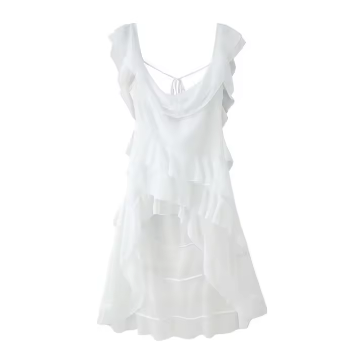 Vestido elegante con volantes y espalda descubierta para mujer, cuello oblicuo, sin mangas, con cordones, dobladillo irregular, largo hasta el suelo, vestidos para mujer de primavera - 1
