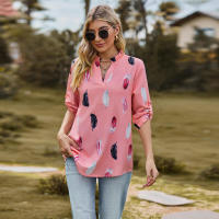 Camisa con estampado de plumas de tres cuartos y manga e para mujer, cuello en V, otoño, nueva - details 4