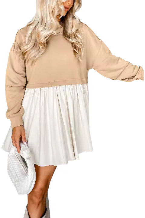 Elrachen Mini vestido sudadera para mujer con volantes y detalles de bloques de colores, caqui pálido, tallas S-XL - 1