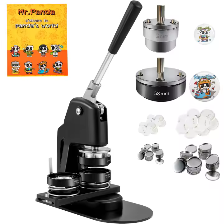 SucceBuy Máquina para hacer botones, kit de prensa para perforar insignias de varios tamaños de 1,25 + 2,25 pulgadas, fabricante de pines DIY para niños, con piezas de botones de 500 piezas, cortador de círculos y libro mágico - 1