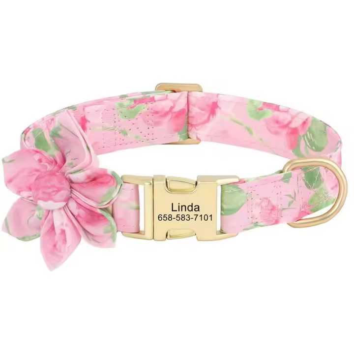 Collar nailon personalizado, collares perro impresos con placa de identificación grabada sin flores para perros pequeños, - 1