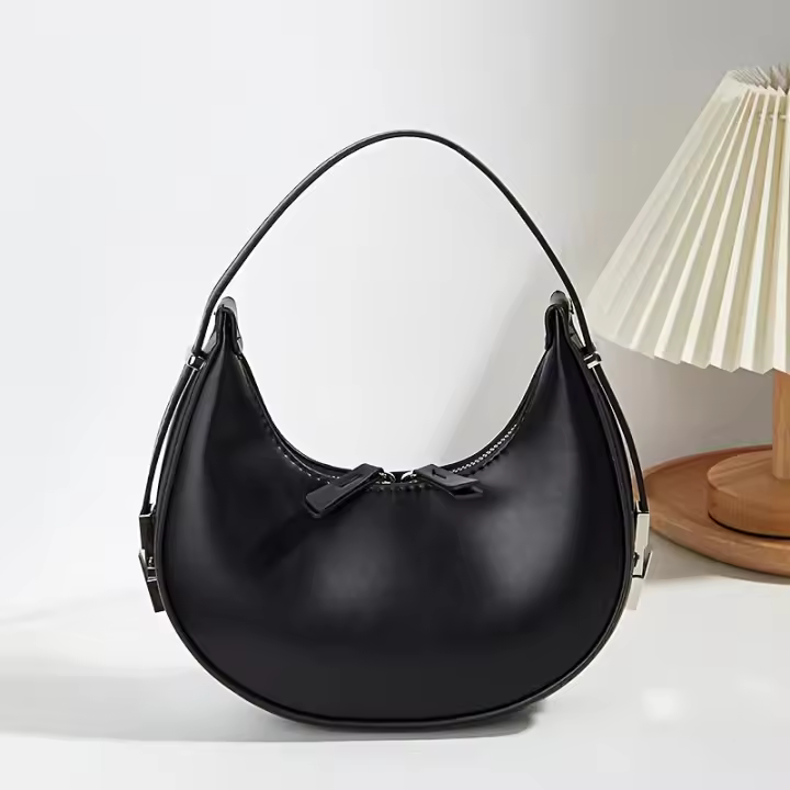 Elegante bolso de hombro con forma de luna creciente para mujer, cremallera ajustable, color sólido, con correa fija y forro de poliéster, para compras, citas, desplazamientos y uso diario - 1