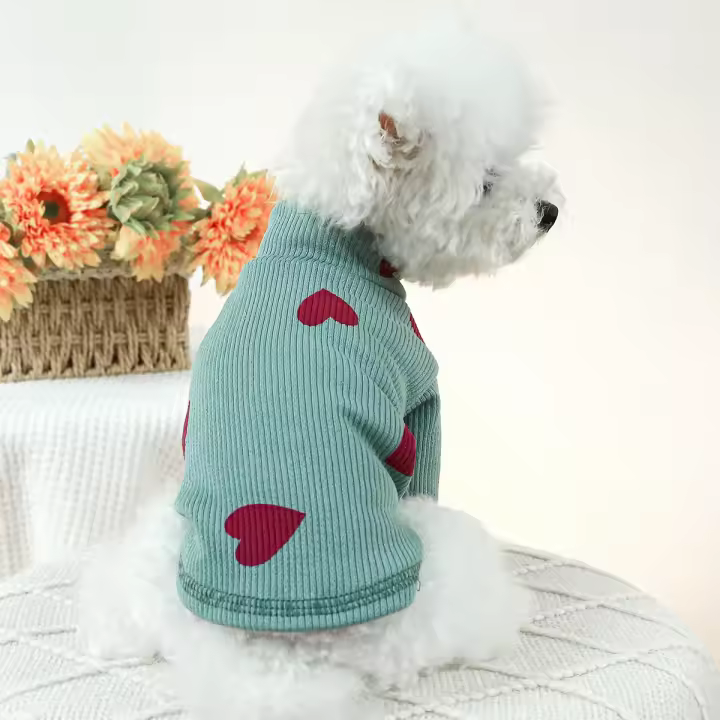 Pijamas para mascotas con cuello alto, vestido verde delgado de amor para perros y gatos - 1