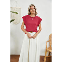BUNO-2025 Tops para mujer, pantalón corto informal de moda de verano, camisetas básicas con textura a rayas de Color sólido y cuello redondo - details 35