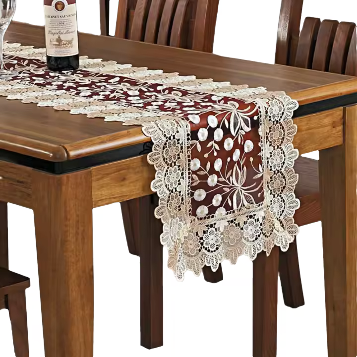 Camino de mesa de encaje floral bordado, rectangular, de poliéster, transparente, para decoración de mesa del hogar, comedor, 40,6 x 122,9 cm, color rojo - 1