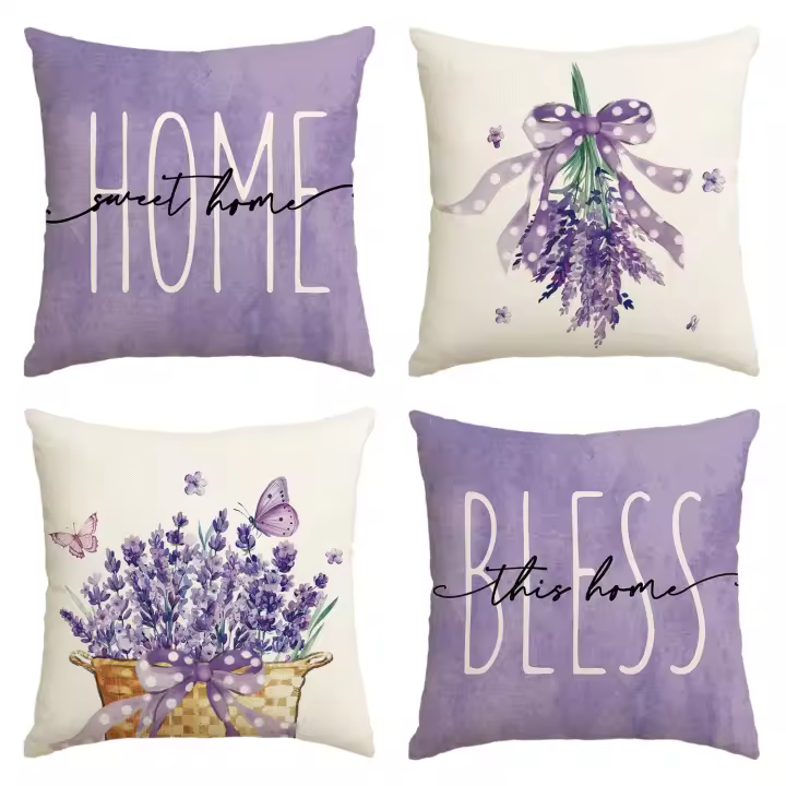 Juego de 4 fundas de lino lavanda morada para Granja, color sólido para sala de estar y sofá - 1