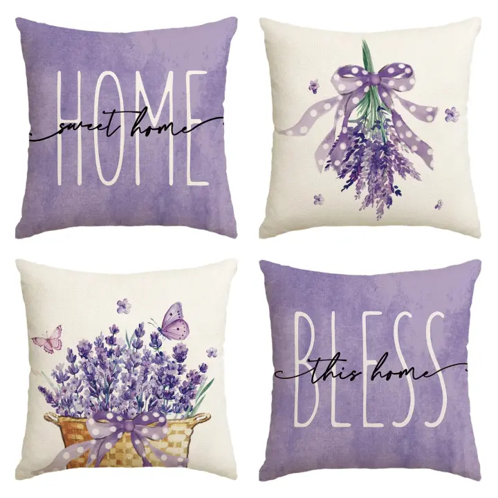 Juego de 4 fundas de lino lavanda morada para Granja, color sólido para sala de estar y sofá - 1