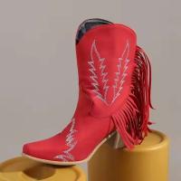 Fabricante de botas de vaquero con tacón de 6cm de cuero PU con cabeza cuadrada y tobillo occidental grande con borla y correa - details 5
