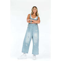 Moda desgastada suelta de pierna ancha cómoda correa casual Denim Overalls para mujer - details 15