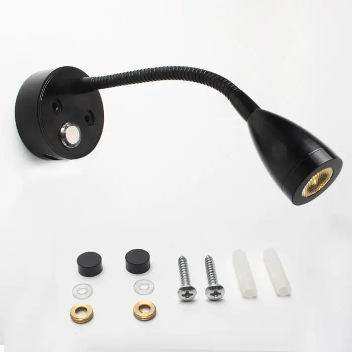 Lámpara led de pared con cuello flexible y salida USB, luz de lectura, regulable, táctil, color negro y plateado, DC12V, 24V, 3000K, 4000K, 6000K - 1