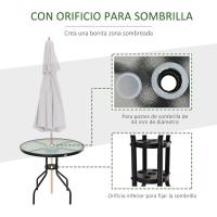 Mesa de Jardín Redonda de Cristal Templado Comedor de Patio Terrázano Balcón Exterior con Agujero para Parasol Negro Ø80x72 cm - details 3