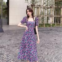 Vestido largo de talla grande estilo francés Vintage con mangas abullonadas moradas y abertura lateral para mujer verano 2022 - details 2