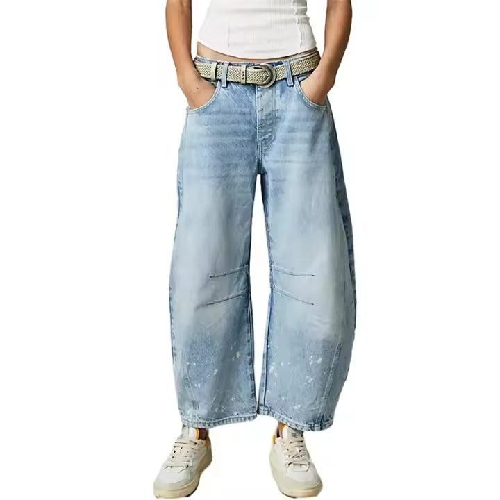 Vaqueros de tiro medio de estiramiento alto, Vaqueros de mezclilla de cintura media holgados informales con forma de pierna ancha a la moda para mujer - 1