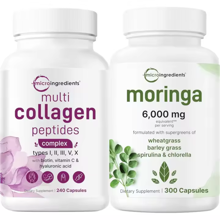 Micro Ingredients Multi Collagen Complex 240 y Moringa Oleifera 6,000 mg equivalente a 300 cápsulas Paquete de 2 proteínas hidrolizadas - 1