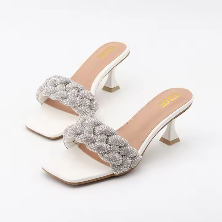 Chanclas de strass trenzadas con punta cuadrada, tacones de aguja, negro versátil - 1