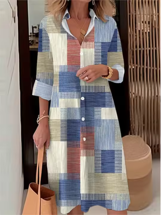 Elegante Vestido de Cuadros de Moda para Mujer Vestido Casual de Manga Larga con Botón - 1