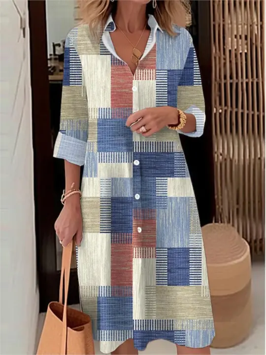 Elegante Vestido de Cuadros de Moda para Mujer Vestido Casual de Manga Larga con Botón - 1