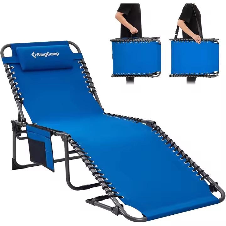 Ajustable en 5 posiciones, silla de jardín, tumbona de playa, cama de camping con almohada para - 1