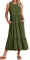 Vestido de verano informal sin mangas con cuello redondo para mujer, vestido largo de playa con gradas, trajes de vacaciones - details 2